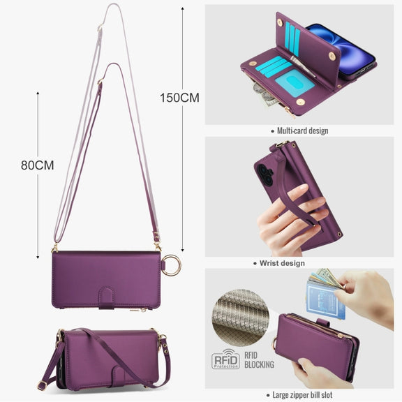 For iPhone 16 Plus Crossbody Ring Multifunctional Wallet Leather Phone Case(Dark Purple)