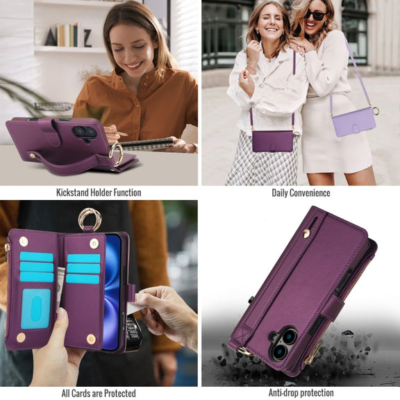 For iPhone 16 Plus Crossbody Ring Multifunctional Wallet Leather Phone Case(Dark Purple)