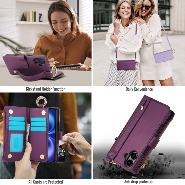 For iPhone 16 Plus Crossbody Ring Multifunctional Wallet Leather Phone Case(Dark Purple)