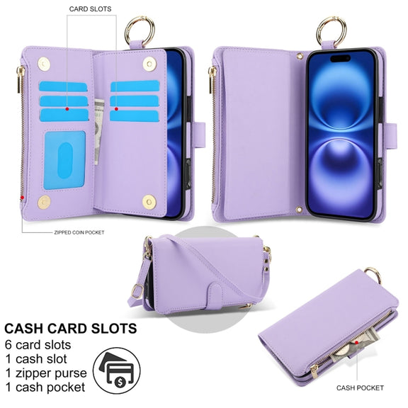 For iPhone 16 Plus Crossbody Ring Multifunctional Wallet Leather Phone Case(Purple)