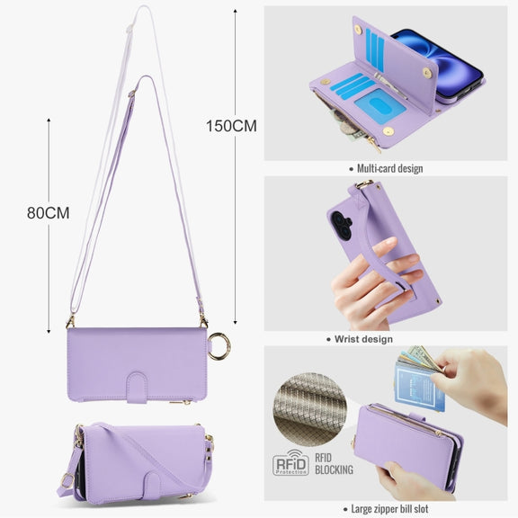 For iPhone 16 Plus Crossbody Ring Multifunctional Wallet Leather Phone Case(Purple)