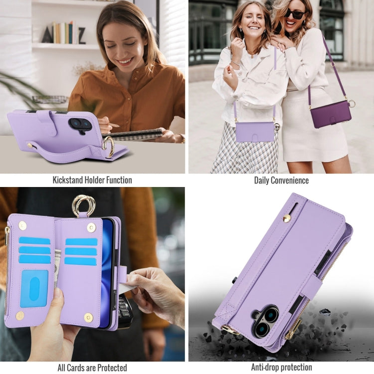 For iPhone 16 Plus Crossbody Ring Multifunctional Wallet Leather Phone Case(Purple)