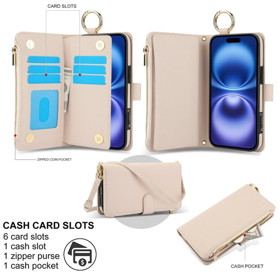 For iPhone 16 Crossbody Ring Multifunctional Wallet Leather Phone Case(White)