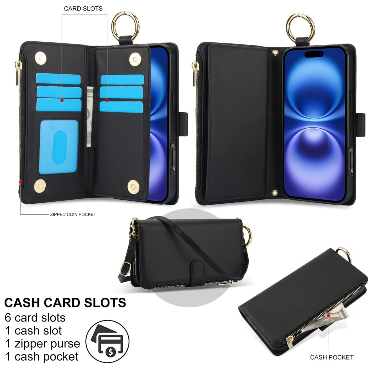 For iPhone 16 Crossbody Ring Multifunctional Wallet Leather Phone Case(Black)