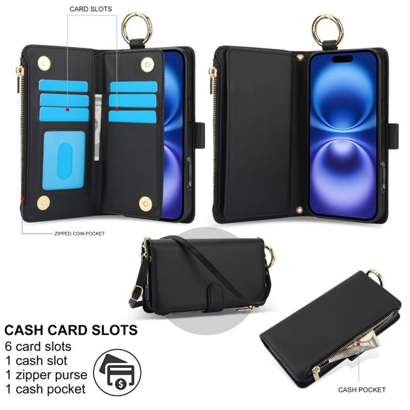 For iPhone 16 Crossbody Ring Multifunctional Wallet Leather Phone Case(Black)
