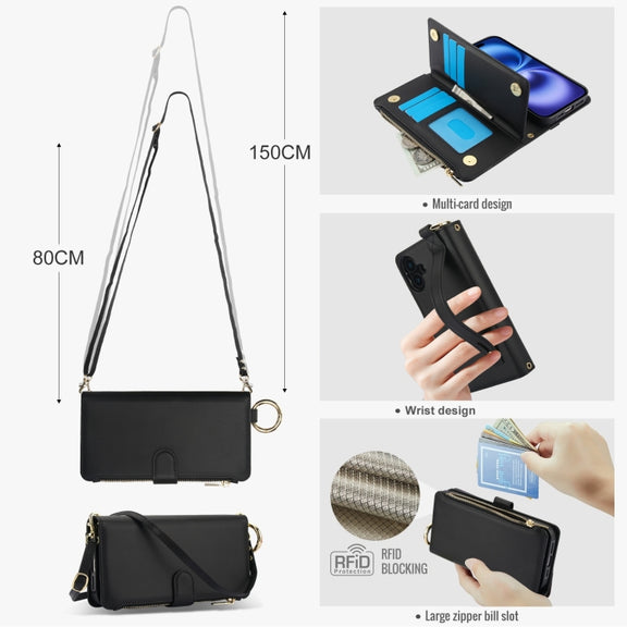 For iPhone 16 Crossbody Ring Multifunctional Wallet Leather Phone Case(Black)