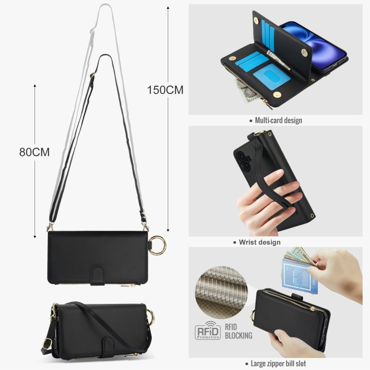 For iPhone 16 Crossbody Ring Multifunctional Wallet Leather Phone Case(Black)