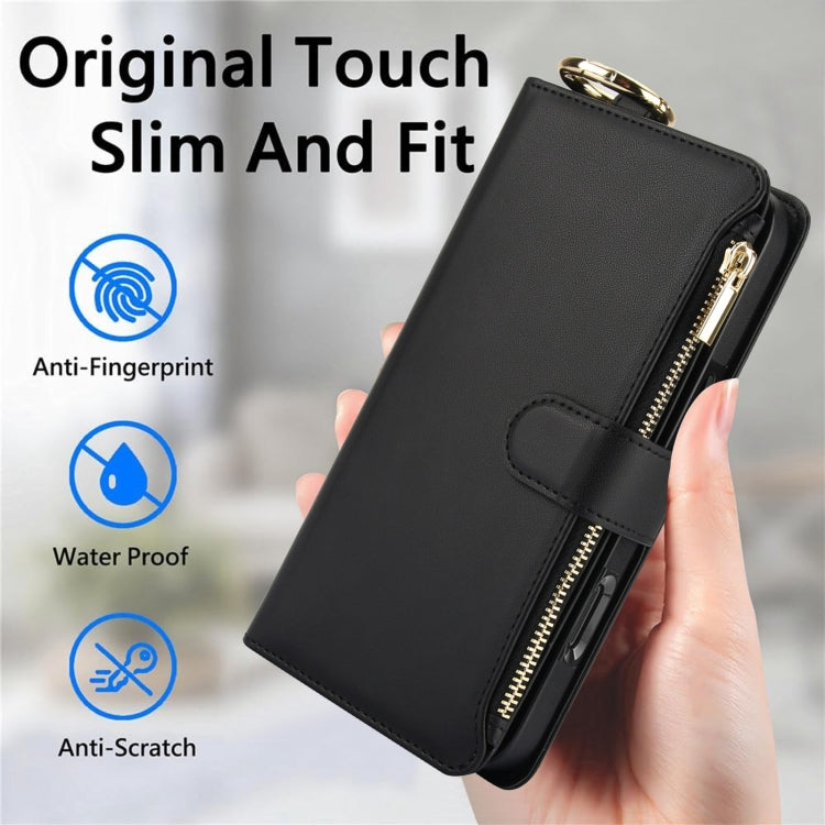 For iPhone 16 Crossbody Ring Multifunctional Wallet Leather Phone Case(Black)