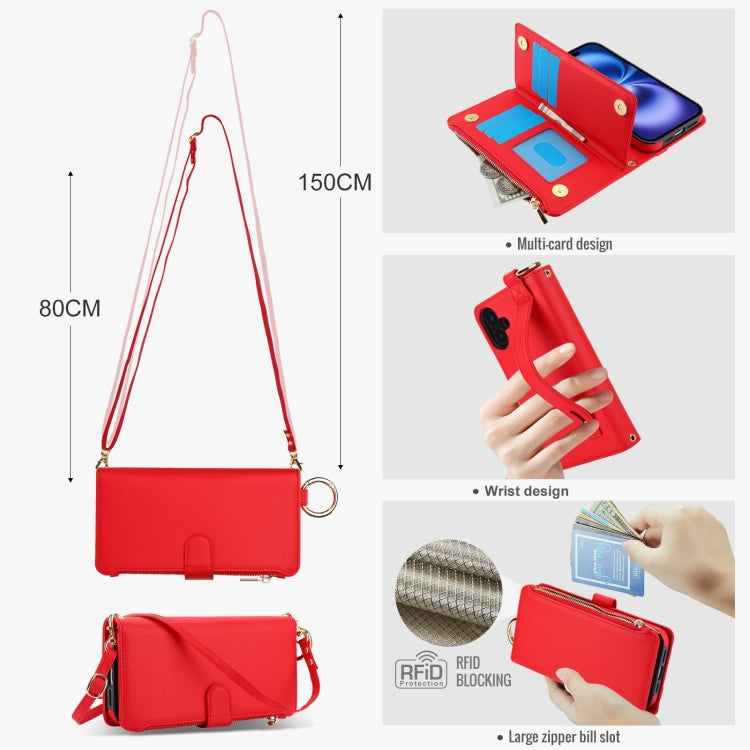 For iPhone 16 Crossbody Ring Multifunctional Wallet Leather Phone Case(Red)
