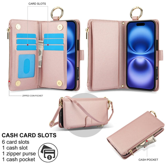 For iPhone 16 Crossbody Ring Multifunctional Wallet Leather Phone Case(Rose Gold)