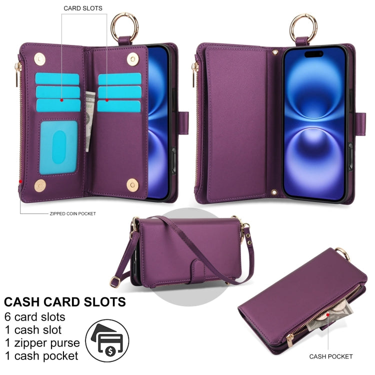 For iPhone 16 Crossbody Ring Multifunctional Wallet Leather Phone Case(Dark Purple)