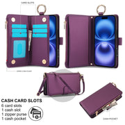 For iPhone 16 Crossbody Ring Multifunctional Wallet Leather Phone Case(Dark Purple)