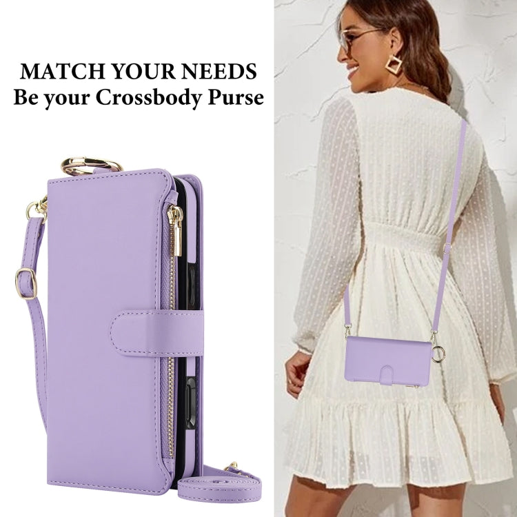 For iPhone 16 Crossbody Ring Multifunctional Wallet Leather Phone Case(Purple)