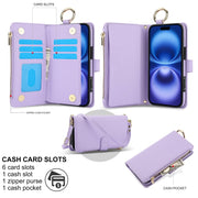 For iPhone 16 Crossbody Ring Multifunctional Wallet Leather Phone Case(Purple)
