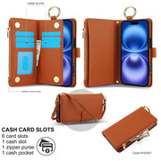 For iPhone 16 Crossbody Ring Multifunctional Wallet Leather Phone Case(Brown)