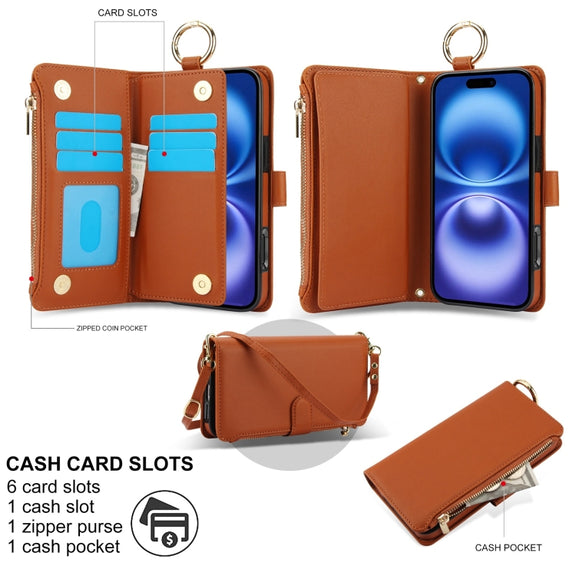 For iPhone 16 Crossbody Ring Multifunctional Wallet Leather Phone Case(Brown)