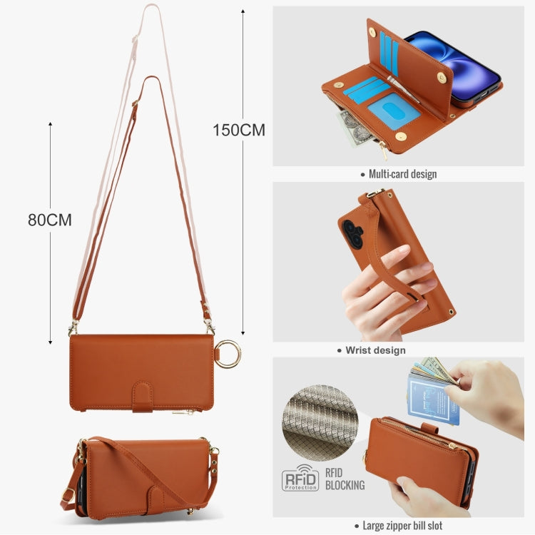 For iPhone 16 Crossbody Ring Multifunctional Wallet Leather Phone Case(Brown)