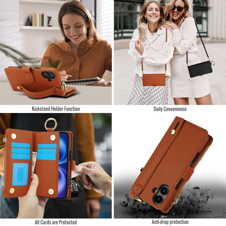 For iPhone 16 Crossbody Ring Multifunctional Wallet Leather Phone Case(Brown)