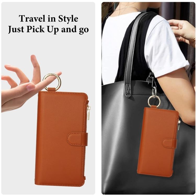 For iPhone 16 Crossbody Ring Multifunctional Wallet Leather Phone Case(Brown)