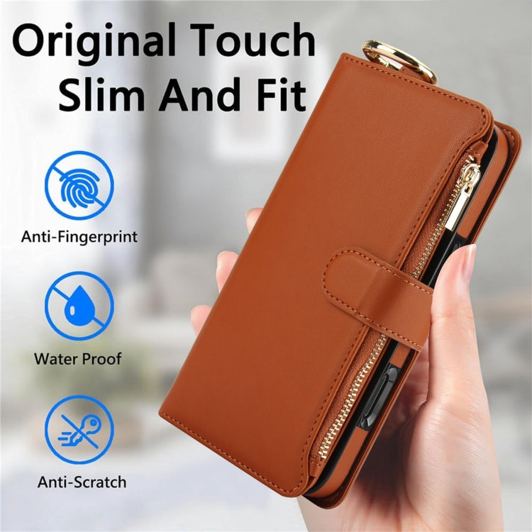 For iPhone 16 Crossbody Ring Multifunctional Wallet Leather Phone Case(Brown)