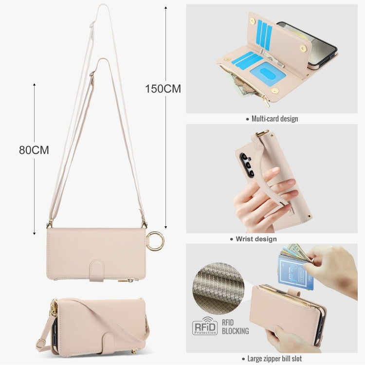 For Samsung Galaxy S24 5G Crossbody Ring Multifunctional Wallet Leather Phone Case(White)