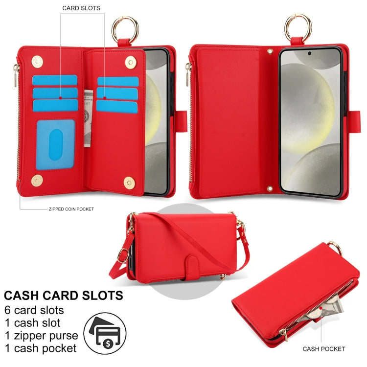 For Samsung Galaxy S24 5G Crossbody Ring Multifunctional Wallet Leather Phone Case(Red)