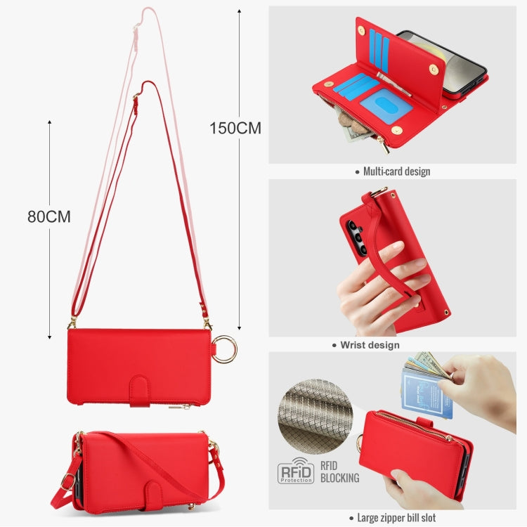 For Samsung Galaxy S24 5G Crossbody Ring Multifunctional Wallet Leather Phone Case(Red)