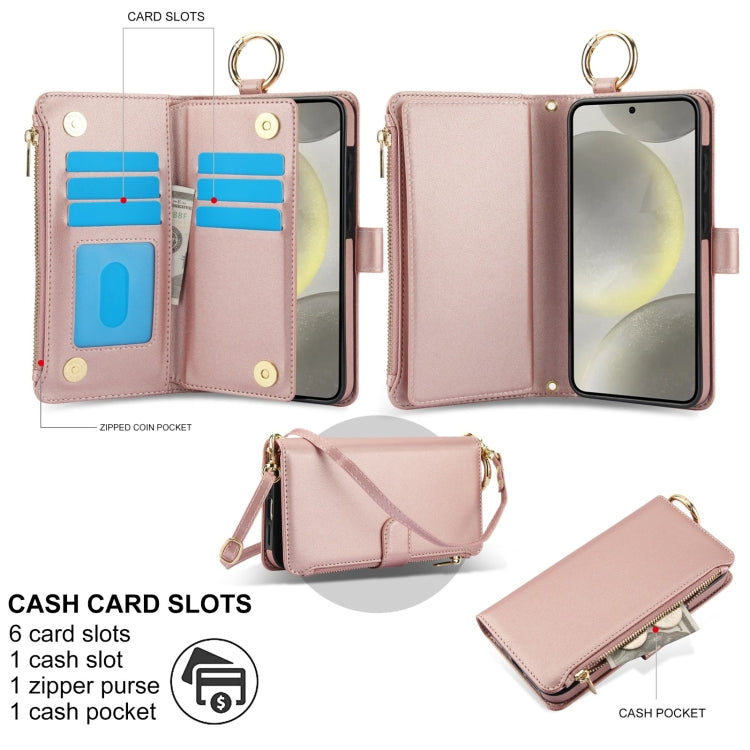 For Samsung Galaxy S24 5G Crossbody Ring Multifunctional Wallet Leather Phone Case(Rose Gold)