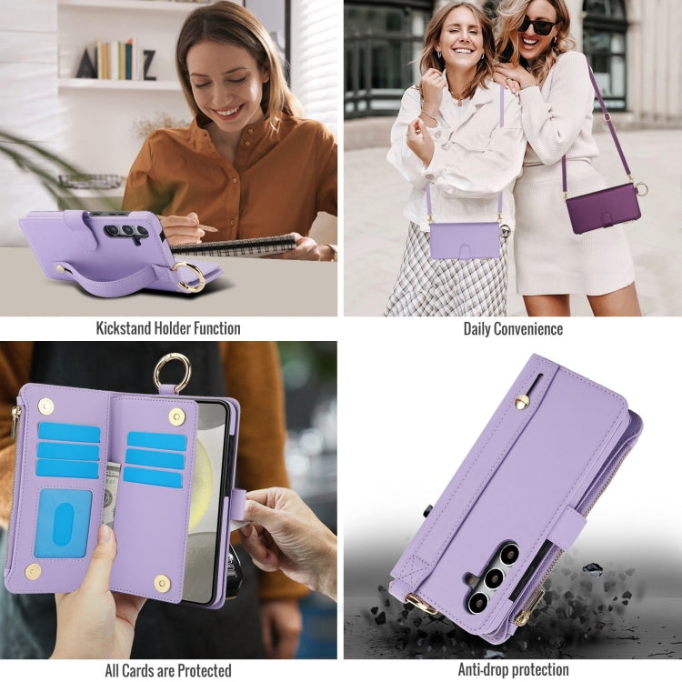 For Samsung Galaxy S24 5G Crossbody Ring Multifunctional Wallet Leather Phone Case(Purple)