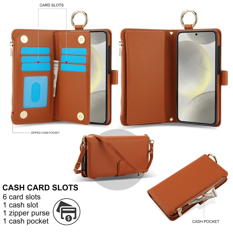 For Samsung Galaxy S24 5G Crossbody Ring Multifunctional Wallet Leather Phone Case(Brown)