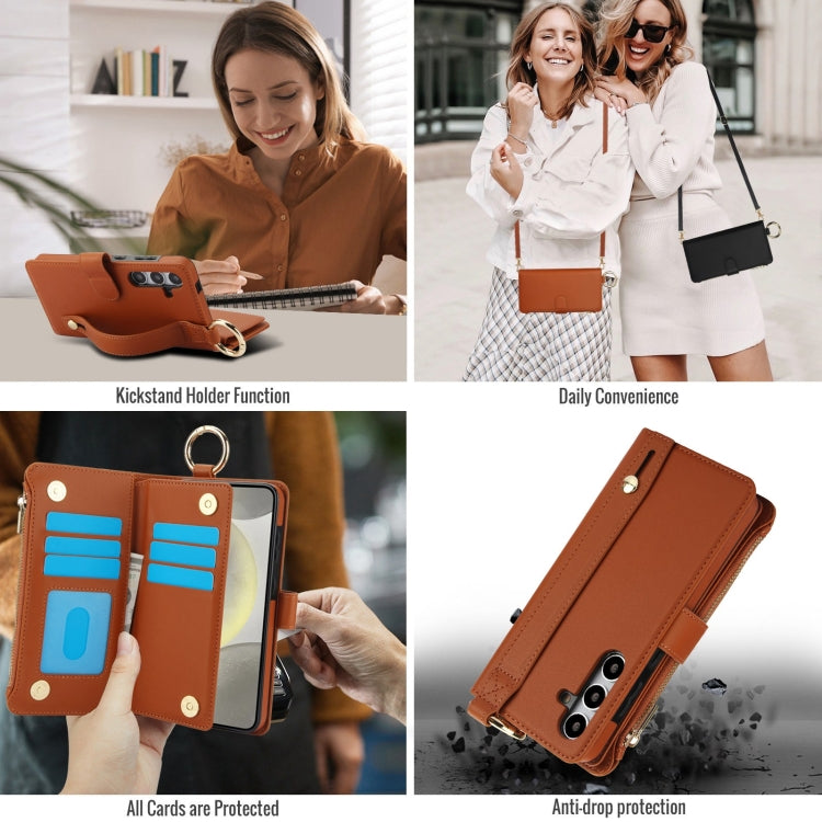 For Samsung Galaxy S24 5G Crossbody Ring Multifunctional Wallet Leather Phone Case(Brown)