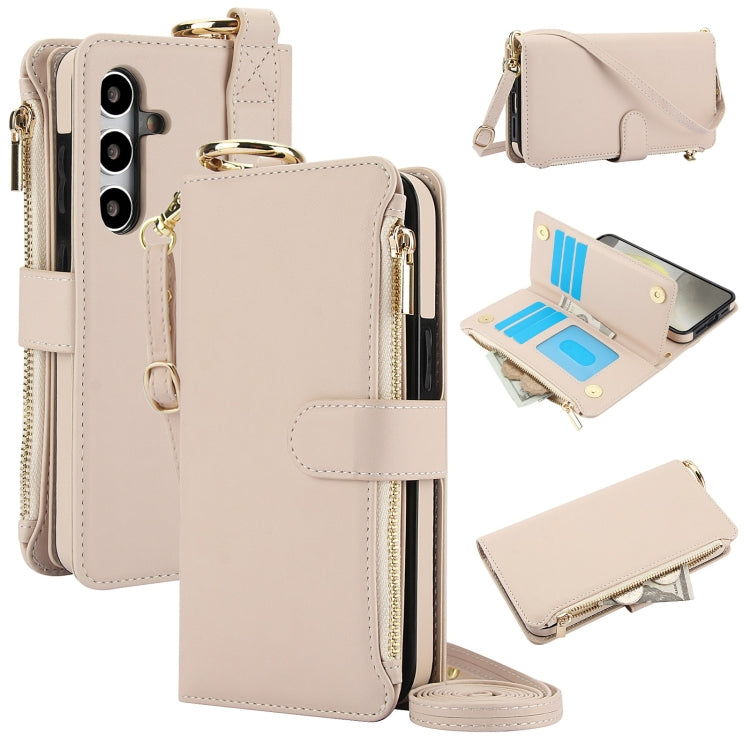 For Samsung Galaxy S24+ 5G Crossbody Ring Multifunctional Wallet Leather Phone Case(White)