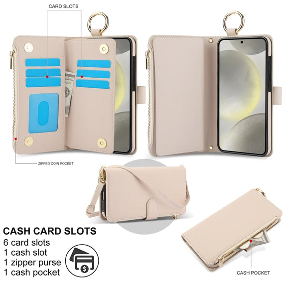 For Samsung Galaxy S24+ 5G Crossbody Ring Multifunctional Wallet Leather Phone Case(White)