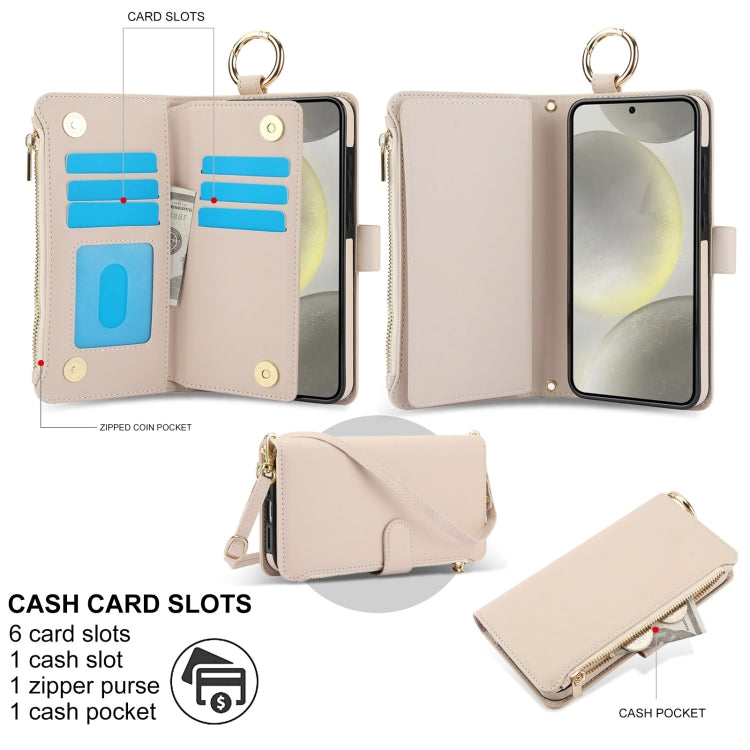 For Samsung Galaxy S24+ 5G Crossbody Ring Multifunctional Wallet Leather Phone Case(White)