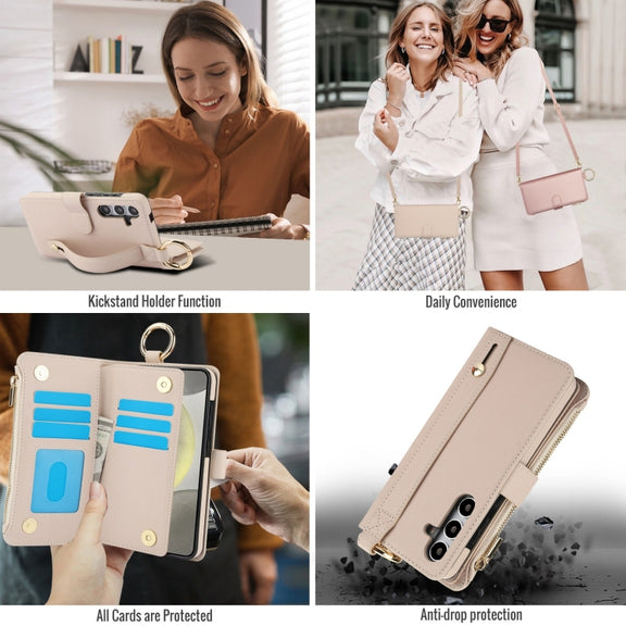 For Samsung Galaxy S24+ 5G Crossbody Ring Multifunctional Wallet Leather Phone Case(White)