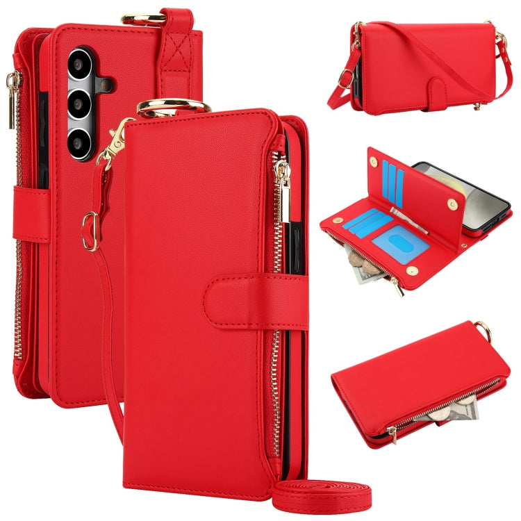 For Samsung Galaxy S24+ 5G Crossbody Ring Multifunctional Wallet Leather Phone Case(Red)