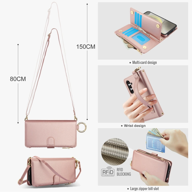 For Samsung Galaxy S24+ 5G Crossbody Ring Multifunctional Wallet Leather Phone Case(Rose Gold)