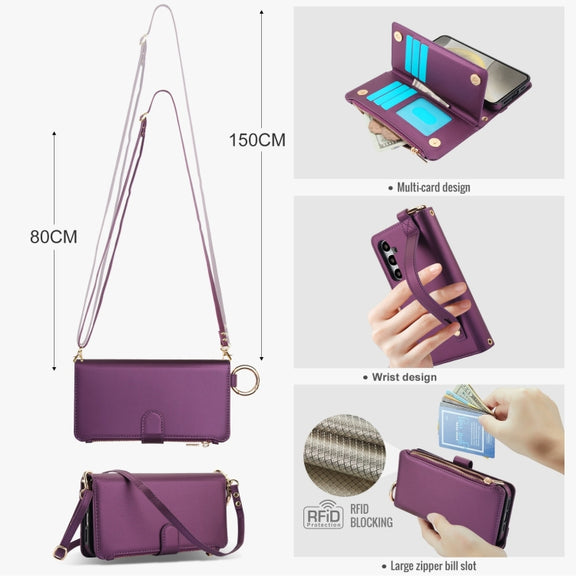For Samsung Galaxy S24+ 5G Crossbody Ring Multifunctional Wallet Leather Phone Case(Dark Purple)
