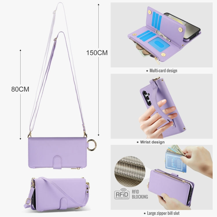 For Samsung Galaxy S24+ 5G Crossbody Ring Multifunctional Wallet Leather Phone Case(Purple)
