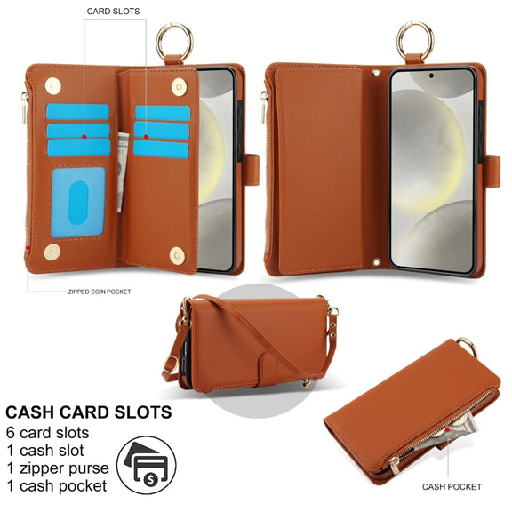 For Samsung Galaxy S24+ 5G Crossbody Ring Multifunctional Wallet Leather Phone Case(Brown)