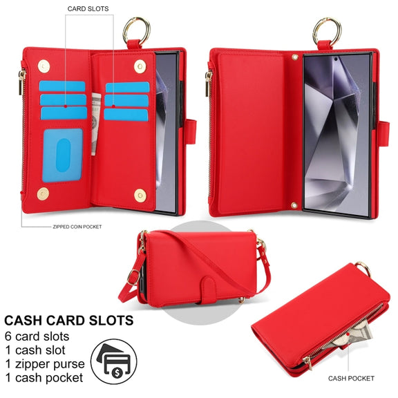 For Samsung Galaxy S24 Ultra 5G Crossbody Ring Multifunctional Wallet Leather Phone Case(Red)