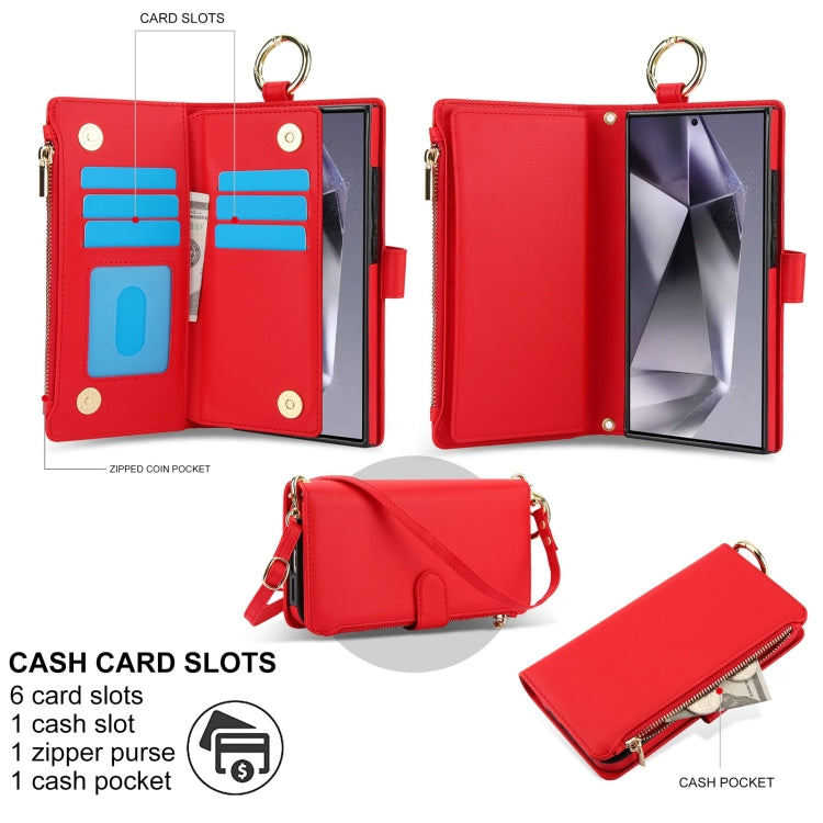For Samsung Galaxy S24 Ultra 5G Crossbody Ring Multifunctional Wallet Leather Phone Case(Red)
