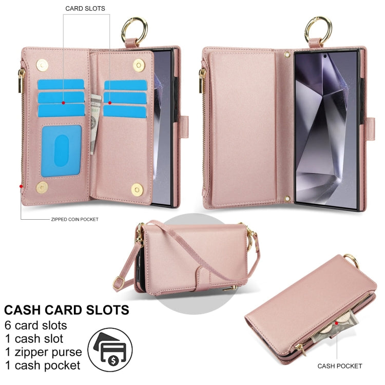 For Samsung Galaxy S24 Ultra 5G Crossbody Ring Multifunctional Wallet Leather Phone Case(Rose Gold)