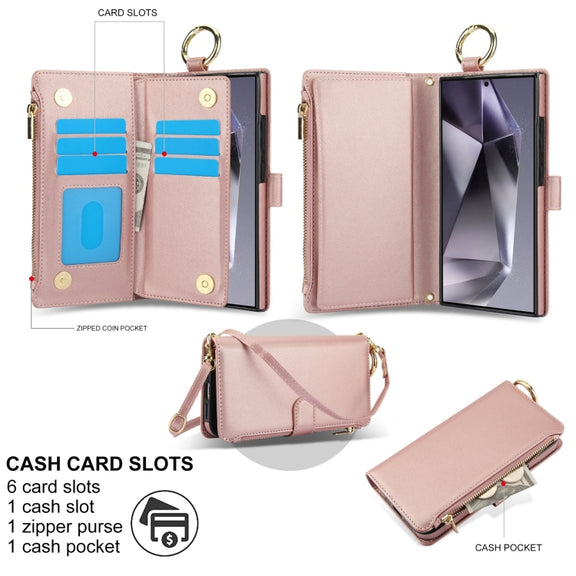For Samsung Galaxy S24 Ultra 5G Crossbody Ring Multifunctional Wallet Leather Phone Case(Rose Gold)
