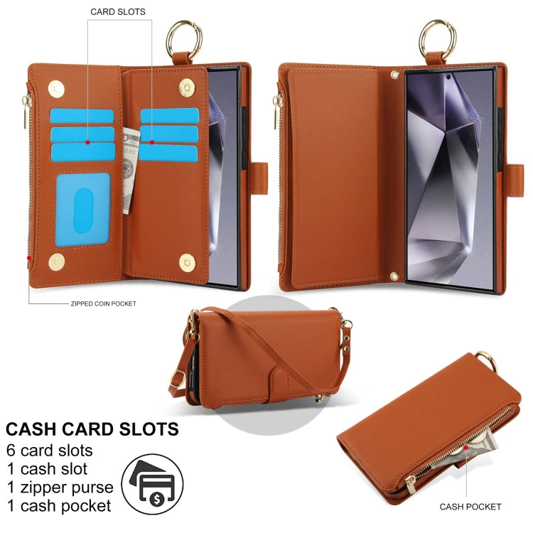 For Samsung Galaxy S24 Ultra 5G Crossbody Ring Multifunctional Wallet Leather Phone Case(Brown)