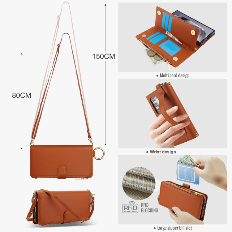 For Samsung Galaxy S24 Ultra 5G Crossbody Ring Multifunctional Wallet Leather Phone Case(Brown)