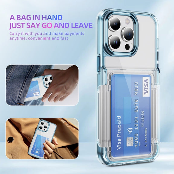 For iPhone 16 Plus Card Holder Acrylic Hybrid TPU Phone Case(Transparent Blue)