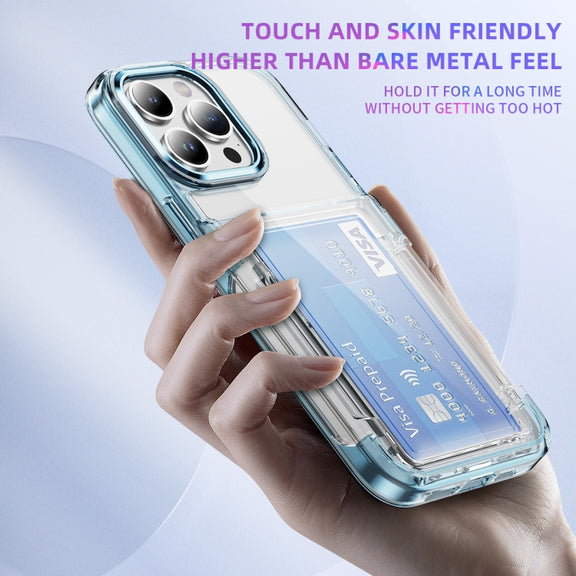 For iPhone 16 Plus Card Holder Acrylic Hybrid TPU Phone Case(Transparent Blue)