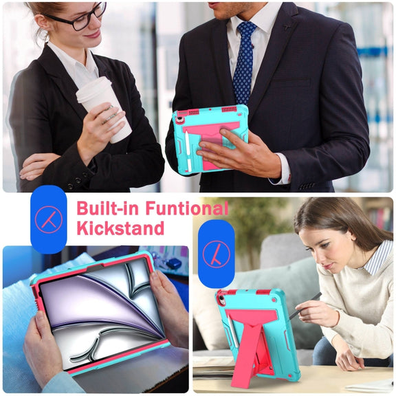 For iPad Air 11 2025 /  2024 T Holder Robot Silicone Hybrid PC Tablet Case(Mint Rose Red)