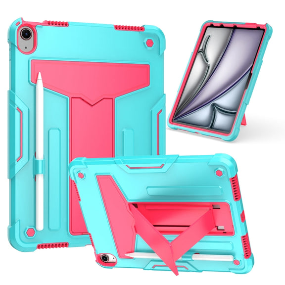 For iPad Air 11 2025 /  2024 T Holder Robot Silicone Hybrid PC Tablet Case(Mint Rose Red)